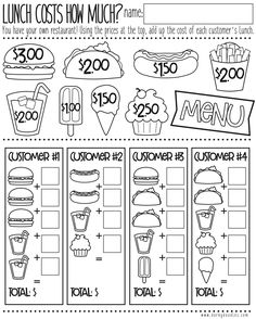 the lunch cost worksheet for kids