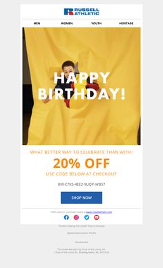 the happy birthday email is displayed with an image of a man in a yellow shirt