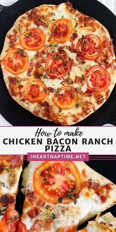 chicken bacon ranch pizza with tomatoes and cheese on the top is cut into four pieces