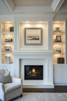 a living room filled with furniture and a fire place in the middle of a room