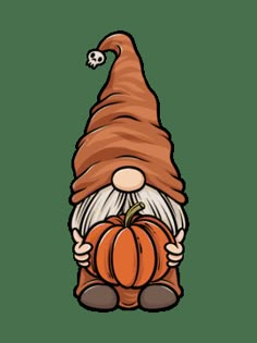 an orange and white gnome sitting on top of a pumpkin with his head turned to the side