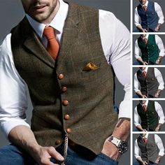 Wiaofellas Autumn Men's Vest Jacket Men Popular Plaid Slim Fit Vest Sleeveless V Neck Business Single Breasted Button Pocket Fitted Winter Vest With Snap Buttons, Winter Sleeveless Vest With Snap Buttons, Classic Winter Vest With Buttons, Classic Fall Vest With Buttons, Mens Vest Fashion, Mens Vest Jacket, Tweed Waistcoat, Men's Waistcoat, Slim Vest