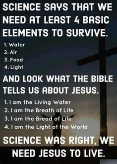 a cross with the words science says that we need at least 4 basic elements to survive