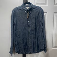 Bnwt J. Crew Men’s Button Down, Chambray Color Size Large Slim Fit Dark Wash Shirt With Button Closure For Work, Dark Wash Button Closure Shirt For Work, Classic Denim Blue Shirt With Buttons, Classic Denim Blue Shirt With Button Closure, Classic Dark Wash Shirt With Button Closure, Red Button Up Shirt, Leather Elbow Patches, Mens 80s, J Crew Men