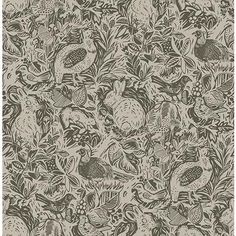 an old wallpaper pattern with birds and flowers on the side, in grey and white