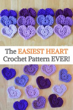 crocheted hearts with the words, the fastest heart crochet pattern ever