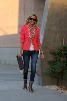 How To Transition Into Fall With Spring Colors And Items www.jacketsociety.com-9183 Bright jacket, colorful scarf, jeans, open toe booties or sandals with wider straps.  #style #casual #casualoutfit #womensfashion Bright Womens Fashion, Bright Jacket, Mode Tips, Interview Style, A Jacket, Colorful Scarf, Over 50 Womens Fashion, Looks Chic, Fashion Over 40