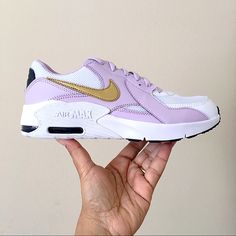 Brand New In Box With Lid Nike Air Max Excee Lilac Upper Synthetic Leather And Mesh Visible Air Max Bubble In White Midsole Metallic Gold Nike Swoosh Rubber Outsole Color: Looks Like A Combination Of Light Pink And Purple Shoes Are Listed In Womens Sizes Nike Size: 5y = 6.5 Women 5.5y = 7 Women 6y = 7.5 Women 6.5y = 8 Women 7y = 8.5 Women Row# 094 Nike Lavender Sneakers For Sports, Nike Lavender Low-top Sneakers, Nike Purple Slip-on Sneakers, Pink And Purple Shoes, Black Huarache, Gold Nike, Air Max Excee, Nike Air Max Excee, White Casual Shoes