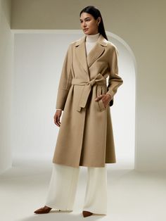 An epitome of timeless elegance and sophisticated style - Crafted from a luxurious wool-blend fabric, this coat offers a sumptuously soft and cozy feel, making it perfect for chilly days. The silhouette of this robe coat drapes beautifully over the body, with the waistline-accentuating matching belt. Wide shawl collar frames the face elegantly, adding a touch of elegance to any work and casual outfit. Womens Active Wear Outfits, Silk Clothes, Long Coat Women, Long Wool Coat, Long Kimono, Coat Outfits, Silk Wool, Active Wear Outfits, Cashmere Wool