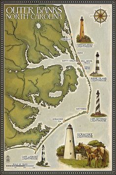 an old map of outer banks, north carolina with lighthouses and other places to see