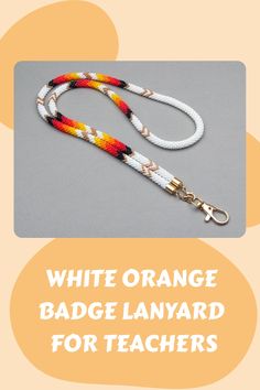 This high-quality teacher lanyard in a classic white and orange color combination is carefully crafted from superior Japanese seed beads. Ideal for holding keys, ID cards, and badges securely in place, lanyards are both functional and stylish accessories that can complement any outfit. Elevate your everyday look with this chic lanyard that combines practicality with a touch of elegance. White Lanyard With Key Clip For Everyday Use, White Lanyards With Key Clip For Everyday Use, White Lanyards With Key Clip, Adjustable White Lanyard With Key Leash, White Adjustable Lanyard With Key Leash, Adjustable White Lanyard, Adjustable White Lanyard With Keychain, White Badge Holder With Key Clip For Personal Use, White Beaded Lanyards For Personal Use