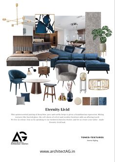 an advertisement for a furniture store featuring blue couches, chairs and coffee tables with gold accents