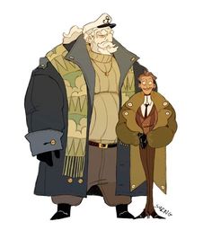 an old man with a hat and coat standing next to another man