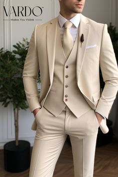 Suits for men, Beige men's Suit, 3 Piece suit, party wear suit, Fashionable suit for men, Prom suit , men elegant suit Elevate your wardrobe with our timeless and sophisticated Classic Beige Three-Piece Suit for men. This meticulously tailored ensemble is designed to bring out your best in every formal or semi-formal occasion. Crafted from high-quality materials, this beige three-piece suit exudes both comfort and confidence. The versatile color allows for effortless pairing with a range of shirts and accessories, making it an essential addition to your collection. The jacket features a notch lapel, adding a touch of classic elegance. The tailored trousers and waistcoat complete the ensemble, offering a polished look that stands the test of time. Whether you're attending a business meeting Prom Suit Men, Stylish Mens Suits, Classy Suits, Beige Suits, Mens Fashion Blazer, Suit For Men, Dress Suits For Men, Designer Suits For Men, The Rising Sun