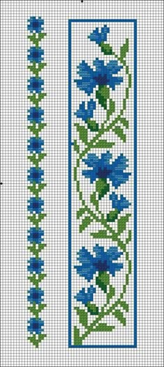 cross stitch pattern with blue flowers and green leaves on white fabric, in two rows