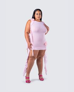 Get them sprung in the springtime 🌸 It's hard to stay lowkey when everyone is going to be noticing you in this pink ruffle rosette dress constructed from a mesh fabric, with a high neck and low back design ✨ Leave little to the imagination - dress is sheer & undergarments are not included 🤭 Pink Mesh Dress With Ruffles For Spring, Spring Pink Stretch Mesh Dress, Fitted Sleeveless Mesh Dress With Ruffles, Spring Fitted Mesh Dress With Ruffles, Fuzzy Skirt, Rosette Dress, White Corset Dress, Denim Pleated Skirt, Floral Lace Skirt