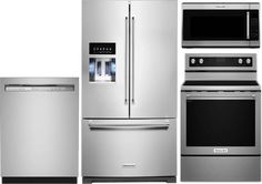 stainless steel appliances and appliance are shown in this set - up photo, including refrigerator, stove, microwave, dishwasher