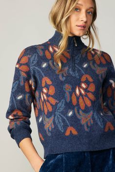 The perfect sweater is here. Spun from soft yarns, this style is jacquard-knitted with long sleeves and a multicolor floral motif that can't be missed. A mock neck with a half zip completes the look, letting you adjust the neckline to your liking. Relaxed Fit •Relaxed fit •Mock neck •Half zip •Long sleeves •Jacquard knit •Ribbed edges DIMENSIONS •Standard: 20.5" Length Item number 2330253 50%ACRYLIC 31%POLY 19%NYLON Blue Jacquard Knit Sweater For Fall, Blue Jacquard Knit Outerwear For Fall, Cozy Jacquard Knit Tops For Fall, Blue Fair Isle Pattern Outerwear For Fall, Blue Fair Isle Outerwear For Fall, Blue Fair Isle Pattern Fall Outerwear, Blue Floral Print Top For Winter, Blue Floral Print Tops For Winter, Winter Blue Floral Print Tops