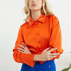 Orange satin chemise shirt Top Trend: Orange Made in ITALY Size M Fashion History Timeline, Outfits Juvenil, Satin Chemise, Orange Satin, Orange Outfit, History Timeline, Orange Blouse, Orange Shirt, Fashion Sewing Pattern