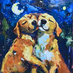 two dogs hugging each other in front of a night sky with stars and the moon behind them