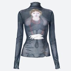 Indulge in the dark allure of our Goth Dark Female Mesh Top. Crafted from transparent mesh material, this top features a unique female print at the front and back. The turtle neck adds a mysterious touch, perfect for streetwear, unique fashion, and art lovers. Goth aesthetic Mesh material Transparent design Female print detail at front & back Turtle neck Long sleeve Cotton, polyester Mesh Turtleneck, Crop Pullover, Portrait Vintage, Fishnet Top, Mesh Tops, Mesh T Shirt, Vintage T Shirts, Streetwear Tops, High Neck Long Sleeve