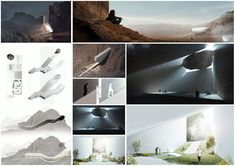 several different images with people sitting on the rocks and lighting up the room in front of them