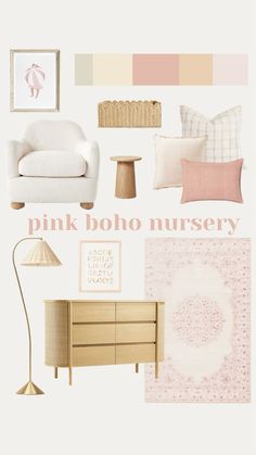 pink boho nursery mood board with neutrals and pastel tones for the baby's room