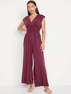 Waist-Defined Shirred Jumpsuit | Old Navy V-neck Jumpsuits And Rompers With Smocked Back For Vacation, Chic V-neck Jumpsuits And Rompers With Smocked Back, Versatile Fitted V-neck Jumpsuits And Rompers, Stretch Solid Jumpsuits And Rompers With Elastic Waistband, Versatile Fitted V-neck Jumpsuit, Vacation Jumpsuits And Rompers With V-neck And Elastic Waistband, Sleeveless Solid Ruched Jumpsuits And Rompers, Versatile Jumpsuits And Rompers With Elastic Waistband, Solid Sleeveless Jumpsuit With Smocked Bodice