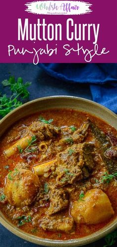 a bowl filled with curry and meat