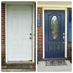 before and after photos of a blue front door with the same paint job on it