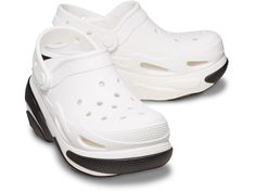 Crocs Bubble Crush Clogs - Slippers : White : Step into the future of fashion choosing the Crocs Bubble Crush Clogs, specially designed for the fashion-forward. These waterproof clogs feature an EVA upper and insole for maximum comfort, while the captivating bubble contours on the sole elevate your fashion game. With ventilation ports for breathability, these clogs are perfect for all-day wear. Unlined. Slip-on style with pivotal heel strap. Low-top silhouette. Round toe design. Platform heels. Rubber outsole. Imported. Measurements: Heel Height: 2 9 16 in Weight: 1 lb 2.52 oz Product measurements were taken using size Men's 9, Women's 11, width Medium. Please note that measurements may vary by size. Work Sandals, Slippers White, Future Of Fashion, Clog Slippers, Chunky Shoes, The Bubble, Sandals For Sale, Comfortable Sandals, Toe Designs