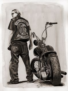 a drawing of a man standing next to a motorcycle