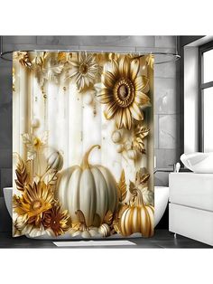 the shower curtain is decorated with sunflowers and pumpkins