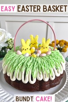 a bundt cake decorated with grass and peep holes