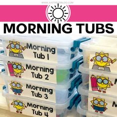 the morning tubs are stacked on top of each other with text reading morning tubs