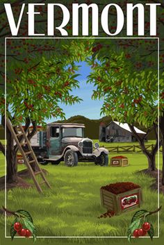 an advertisement for mt hood cherries in oregon, with a truck and apple trees