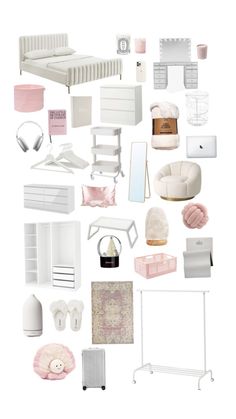 a collage of white furniture and accessories on a white background, with pink accents