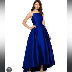 Betsy Adam Blue Maxi Dress, High Neck With Straps, And Includes Pockets. Small Stain On The Back, Only Worn Once And Still Includes Tags. Blue Dress Combination, Satin Ballgown, High Low Gown, Satin Ball Gown, Exquisite Gowns, Royal Blue Dress, Metallic Prints, Satin Gown, Review Dresses