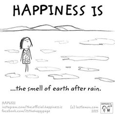 a cartoon drawing of a girl standing in the water with text that reads happiness is the smell of earth after rain