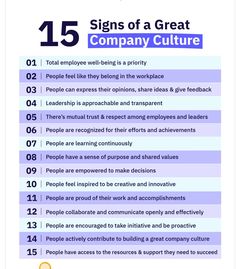 a table with the top ten signs of a great company culture in it's description