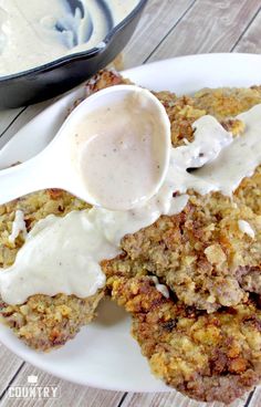 a white plate topped with fried food covered in gravy next to a bowl of sauce