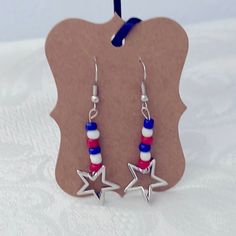 New With Tags Hand Crafted Beaded Stars & Stripes Beaded A Earrings Lightweight Measures Approximately 2” Long Including Ear Wire Unique One Of A Kind. Custom Orders Available. Adjustable Blue Earrings For 4th Of July, Silver Dangle Patriotic Earrings, Nickel Free Dangle Jewelry For 4th Of July, Silver Star-shaped Beaded Earrings, Patriotic Silver Dangle Earrings, Blue Patriotic Summer Jewelry, Silver Star Earrings For Summer, Patriotic Blue Star Jewelry, Patriotic Blue Star Shaped Jewelry