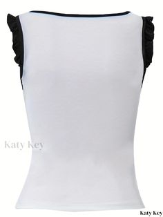 Katykey - Chic Color Block Ruffle Trim Top with Square Neckline and Bow Tie Detail, Sleeveless Summer Top for Womens Fashion Stretch Ruffle Tank Top, White Stretch Tank Top With Ruffles, Ruffle Trim Top, Sleeveless Tops Summer, Cute Fit, Trim Top, Square Necklines, Sheer Fabrics, Pattern Blocks