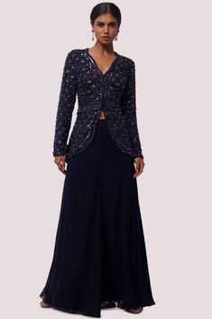 Shop beautiful navy blue georgette embellished co-ord set online in USA. Shop the best and latest designs in embroidered sarees, designer sarees, Anarkali suit, lehengas, sharara suits for weddings and special occasions from Pure Elegance Indian fashion store in USA.-full view Blue Hand Embellished Sets For Evening, Hand Embellished Blue Evening Sets, Blue Georgette Evening Sets, Blue Embellished Evening Set, Embellished Blue Evening Sets, Sharara Suits, Fashion Journals, Pure Elegance, Traditional Fabric