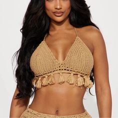 Fashion Nova Size Large “When The Beat Drops Set Taupe “ Bralet For Sale Only, Does Not Include Pants 100% Acrylic Made In China Beige Cropped Crochet Top For Beach, Beige Crochet Trim Crop Top For Vacation, Beige Crop Top With Crochet Trim For Vacation, Beach Beige Knit Crop Top, Beige Knit Crop Top For The Beach, Knitted Bralette, When The Beat Drops, Beat Drop, Swim Fashion