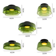 four different types of green lights on a white background, with measurements for each one