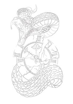 a drawing of a clock with two snakes on it