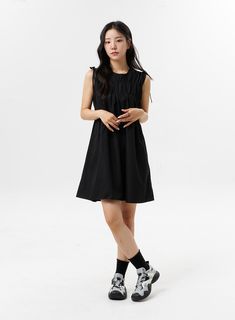 sleeveless-wide-mini-dress-ol318 Sleeveless Mini Dress With Gathered Waist For Spring, Black Midi Dress With Gathered Neckline For Summer, Sleeveless Mini Dress With Gathered Neckline For Summer, Spring Sleeveless Dress With Gathered Neckline, Ruched Sleeveless Dress For Daywear, Black Summer Dresses With Gathered Waist, Casual Sleeveless Dress With Gathered Waist, Casual Ruched Sleeveless Knee-length Dress, Casual Mini Dress With Gathered Neckline