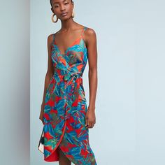 Length Is About 36” Questions? Leave A Comment Below! Red V-neck Midi Dress With Vibrant Print, Vibrant Red Printed Dress, Vibrant Red Fitted Midi Dress, Red Tropical Print Dress For Brunch, Red Midi Dress With Vibrant Print, Floral Red Dress, Big Bow Dress, Silk Formal Dress, Lace Bodycon Midi Dress