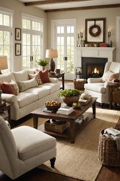 a living room filled with furniture and a fire place